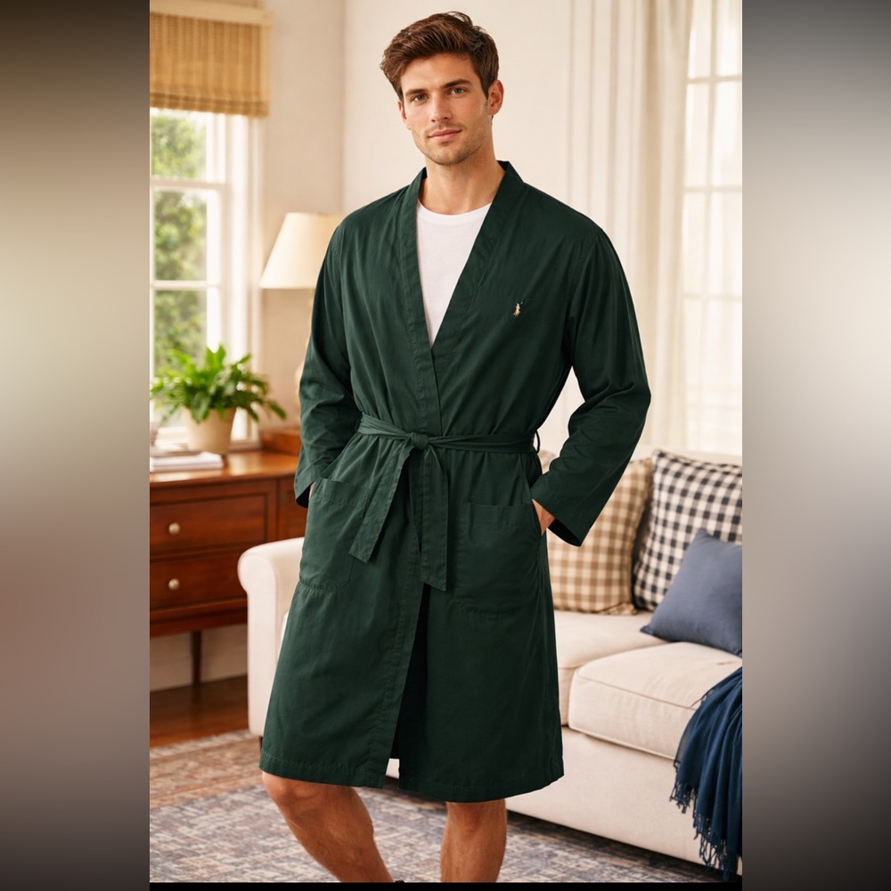 Polo by Ralph Lauren Dark Green Cotton Robe Size S/M with Tie Belt Loungewear